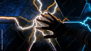 Interactive touchscreen exposition in science museum. Woman touching plasma panel display. Electricity, education, science, futuristic and physics concept