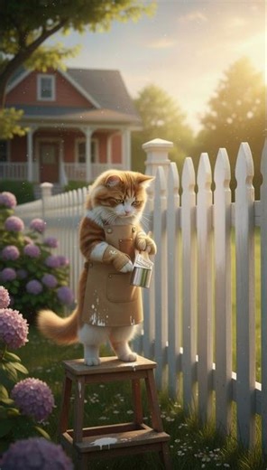 Cat Paints the Fence Outside 🖌️😺