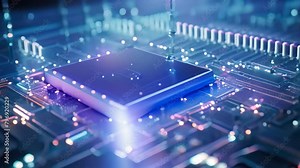 3d render of microcircuit board with microchips and processor, Big data flow with cyber blockchain on a circuit board incorporating a blue network system