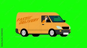 Cartoon of small van, minivan motion delivery fast express on green screen and alpha channel. Looped animation 4K resolution 60 fps.