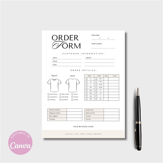 Editable T-shirt Order Form, Small Business Printable (canva Edit) - Etsy