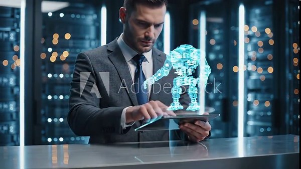 Engineer designs a robot with a futuristic interface. The man uses a tablet to create a 3D robot model. This innovation in AI and robotics happens in a data center. The engineer uses AI for his design