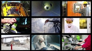 Industrial Production - People At Work. Collage of Video Clips Showing People of Different Professions at Work. Professional Occupations. Workforce Productivity. Industrial Media Wall.