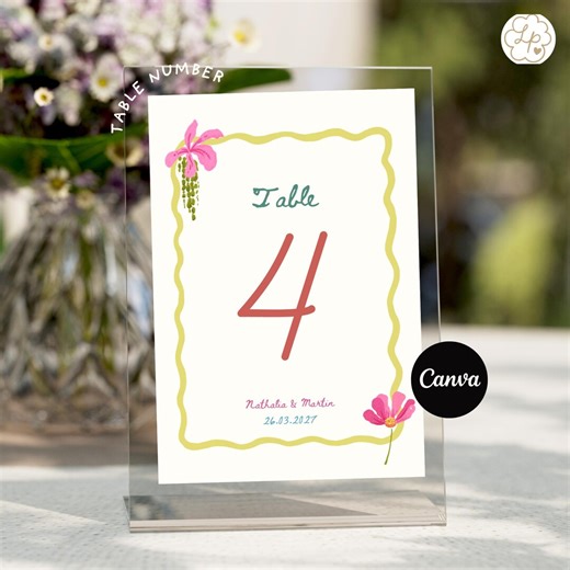 Table Number Template: Flower Garden Number, Colorful Watercolor Design, Canva Editable Digital Download - Etsy