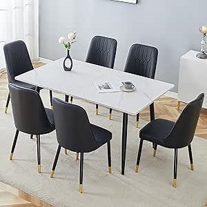 Extendable Dining Table Set for 6,White Dining Table and 6 Upholstered Chairs Set,Modern 59"-75"Kitchen Table Set with Sturdy Metal Frame,Perfect for Home Kitchen,Space Saving,Easy to Assemble