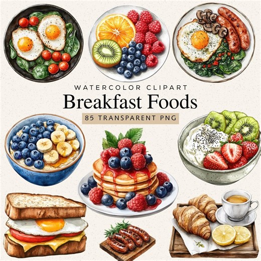Watercolor Breakfast Foods Clipart, 85 PNG Images (digital Download) - Etsy