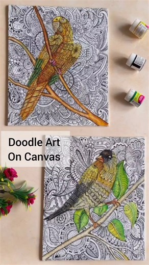 Turn a blank canvas into a charming companion with our DIY Doodle Art Bird! Make this using Fevicryl Acrylic Colours and watch your doodles transform into a delightful decor piece. Drop a ‘hello’ for this birdy! Follow the steps below for this canvas painting. - Take a 12" x 16" canvas board. - Draw a parrot with a doodle design on it. - Paint the parrot with Fevicryl Acrylic Colours Chrome yellow 03 and orange 17. - Let the paint dry completely. - Paint the doodle design all over with Acrylic C