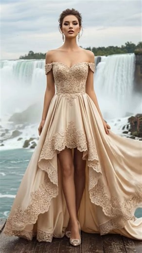 “Golden Elegance by Niagara Falls ✨ Stunning Dress in Motion”