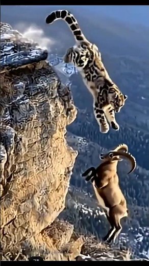 snow leopard's surprise attack to mountain goat.