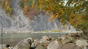 Beautiful autumn wild nature. The Prut river and mountain folds in Yaremche City, Carpathians, western Ukraine, known as Yaremche folds - biggest outcrop of Stryi formation in Europe