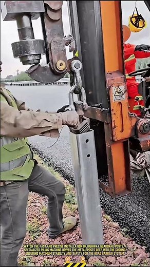 Machine Process to Install Metal Guardrail Post #dailywork #construction #satisfying