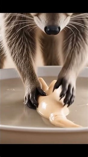 Raccoon's Washing Ritual Watched by Cat 🧼🦝