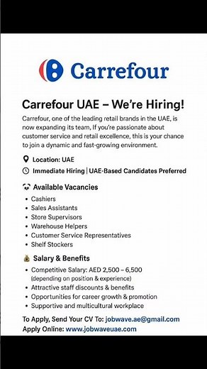 Carrefour Jobs 2025 | Cashiers, Sales, Store Helpers & More Apply at www.jobyouneed.com#jobwaveuae