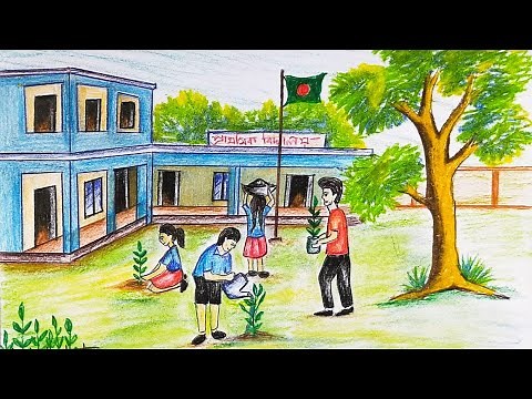 How to Draw Scenery OF Tree Plantation Step By Step (Very Easy)