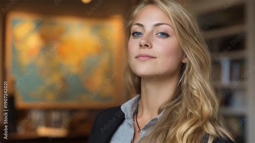 Woman with blonde hair looking at a large world map in a room with wooden furniture.