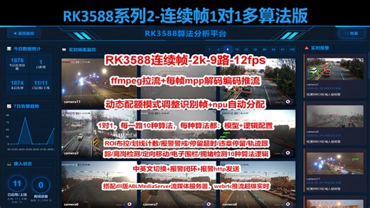 RK3588/16路/1080p/连续帧识别/多算法版/web前后端版/yolo5 8 11 13 26/ffmpeg拉流/mpp硬解编码/webrtc