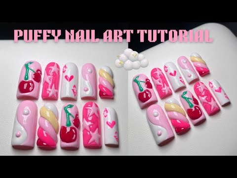 PUFFY NAIL ART TUTORIAL 💕 3D nail art strip by step , gel nail art , maintenance