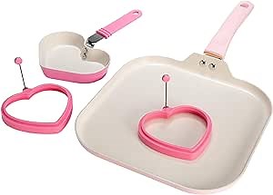 Paris Hilton Breakfast Ceramic Nonstick Cookware Set, Includes Square Griddle, Mini Heart Shaped Fry Pan and Two Silicone Heart Shaped Egg Rings, 4-Piece Set, Pink