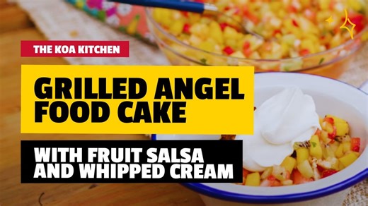 Who knew angel food cake tastes even better off the grill? Add fresh fruit salsa and whipped cream and you’ve got a campfire dessert worth bragging about. Want the full recipe? Check it out: https://koa.com/blog/grilled-angel-food-cake-with-fruit-salsa-and-whipped-cream/ | Kampgrounds of America, Inc.