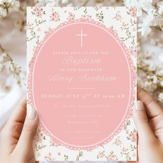 Pink Floral Baptism Invitation | Printable Christening Invite Template (instant Download) - Etsy