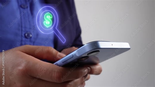 Economic evaluation and investments. Executive looking at a virtual magnifying glass icon with a dollar sign on her cell phone screen.