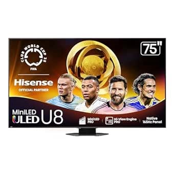 Hisense 75" Class U8 Mini-LED ULED 4K UHD Google Smart TV (75U8QG, 2025 Model) - QLED, Native 165Hz, VRR 288, Up to LD5600, 5000 Nits, HDR10+, Dolby Vision IQ · Atmos, IMAX Enhanced, 4.1.2 Ch Audio