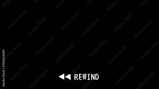 VHS tape rewind big arrows icon symbol middle of the screen effect on 4k Black Screen Film overlay animation with time code on black background screen. VCR Play, Rewind.