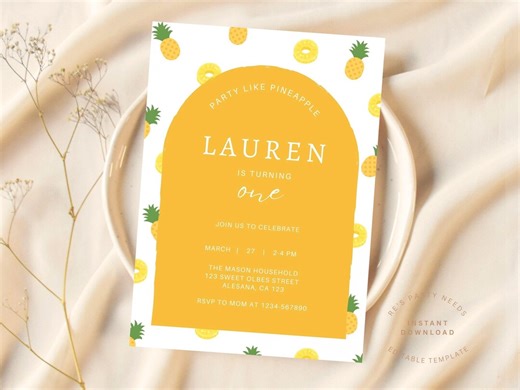 Pineapple First Birthday Invitation | One Birthday Invite | Pineapple Party | Editable 1st Birthday | Instant Download - Etsy