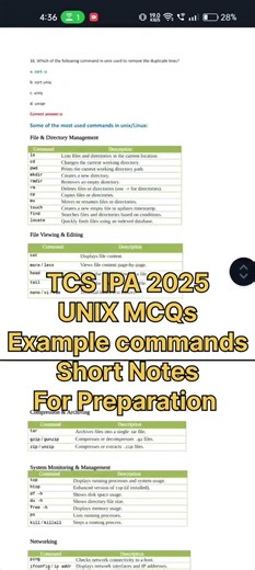 TCS IPA 2025 PREP | UNIX MCQs | Examples | Short notes | IPA