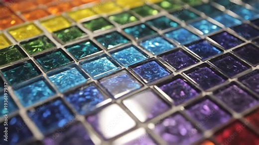 A mosaic of colorful glass tiles arranged in a square grid, displaying the spectrum of colors
