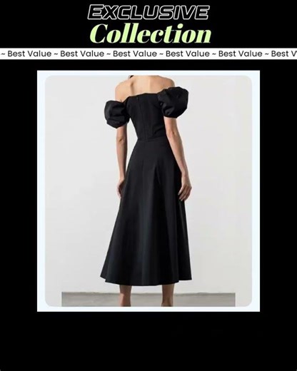 Romantic Black Cotton Puff Sleeve Midi Dress