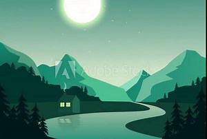 Computer generated graphics of the green landscape. Illustration of the sun moving on the sky.