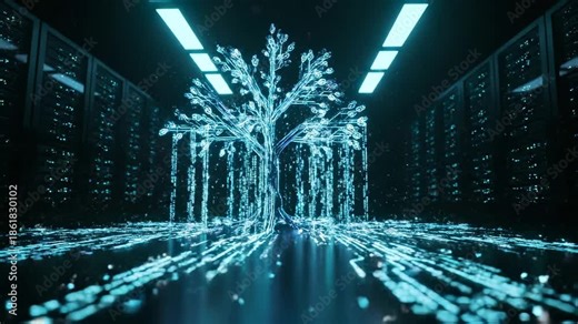 Digital tree glows in server room with circuit branches flowing data streams. Holographic tree in data center shows network. Digital technology tree with server racks. Data flows through tree.