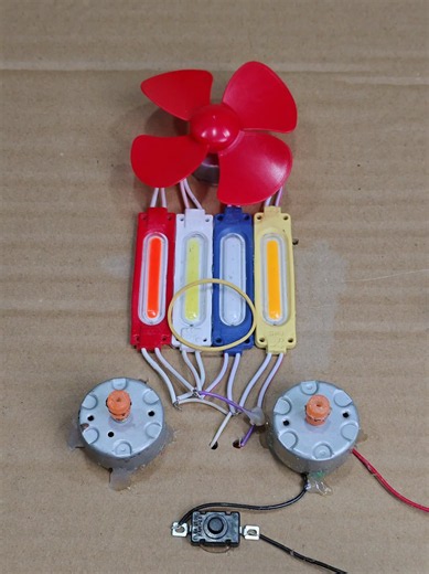 Power a Motor Fan and Four Colored Lights with a Motor & Rubber Band