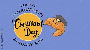 International Croissant Day: animation with a French croissant on a violet background and yellow circle