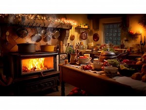 【白噪音】在冬季木屋的厨房内准备午餐 烧水生火 煮汤炖肉 窗外大风 餐饮氛围音 环境音