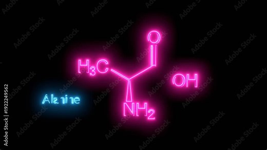 Chemical structures of amino acid alanine. Alanine is an amino acid. Neon glowing.