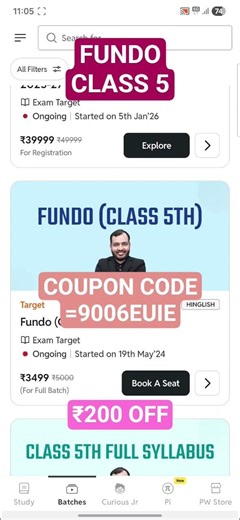 PW FUNDO CLASS 5 ₹200 OFF COUPON CODE= 9006EUIE, 7070CKQE, 6203UBFE. #pw #physicswallah #viralshorts