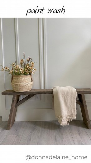 Donna on Instagram: "One of my favourite and easiest ways to lighten up dark wood, and give it a soft driftwood color? ….I use a beige/tan colored paint wash ✨ •Fusion mineral paint in ‘Algonquin’ mixed with water (2:1 water/paint) • apply with brush, and rub in with soft cloth •seal with polycrylic clear coat if desired I didn’t have to sand this walnut stained bench because it had no wax or sealant on it. But, if your wood piece has a thick layer of wax or sealant a bit of sanding may be neces