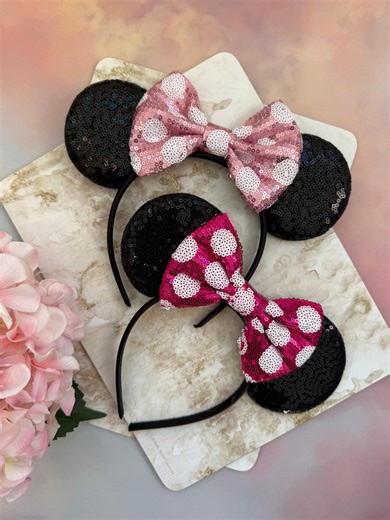 Classic Mickey & Minnie Mouse Inspired Ears Headband | Black Sequin Mouse Ears With Pink Polka Dot Bow | Disney Park Outfit Accessories - Etsy UK