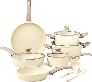 Kitchen Academy 12-Piece Induction Cookware Set, Nonstick Granite Pots and Pans in Beige