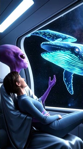 The alien cradled a human as they fed gentle space-whales gliding past the hull.