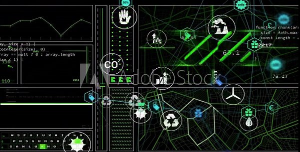 Data feed arriving, dashboard pulsing nodes, icons clustering, values updating for monitoring CO2