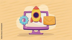desktop computer with rocket and email