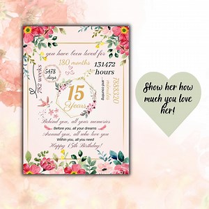 15th Birthday Card Printable: Pink Floral Design (PDF, JPG, SVG) - Etsy