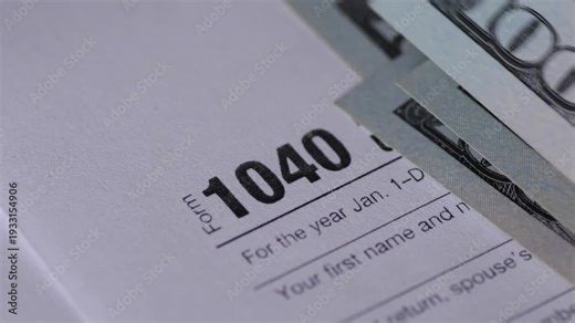 Close up of U.S. Tax Form 1040 with hundred dollar bills being placed on top. Concept of tax payment, tax refund, and financial wealth management