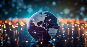 Real-time data transfer visualization on a globe, blurred, dynamic fiber optic cables background,