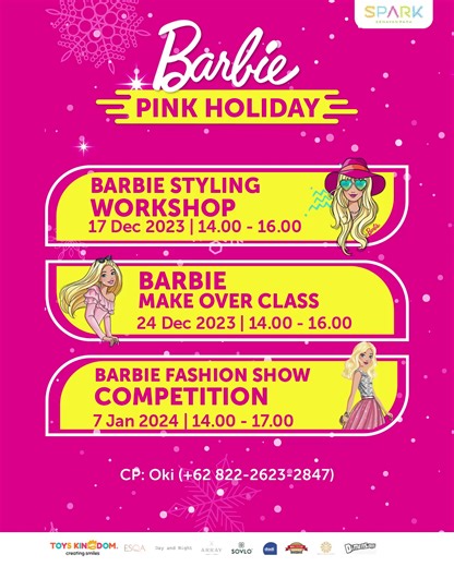 Moms, sudah ada rencana liburan akhir tahun bersama Putri Kecil? 👩‍👧💖 Jangan sampai ketinggalan event menarik satu ini: Barbie Pink Holiday! 💖 Ada banyak kegiatan seru! 💖 Barbie Styling Workshop 17 Des 2023 (14.00-16.00) 💖 Barbie Make Over Class 24 Des 2023 (14.00-16.00) 💖 Barbie Fashion Show competition 7 Jan 2024 (14.00-17.00) Dapetin juga harga spesial boneka Barbie, diskon hingga 50%! Yuk, datang ke Main Atrium Senayan Park Mulai tanggal 15 Desember 2023 - 7 Januari 2024 ya! 🥳 #Barbi