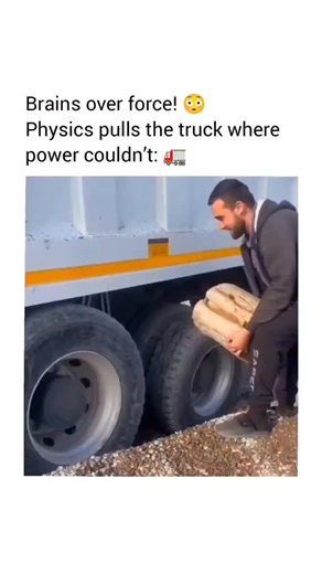 Business | Inspiring | Motivation on Instagram: "Man uses physics to pull a stuck truck out of mud! 😳 Placing a sturdy log between the inner tires of a tandem-axle dump truck creates a temporary mechanical link that makes both axles rotate together, similar to how a locked differential works. In a slippery or muddy situation, one axle usually spins freely while the other loses traction, but the log forces the wheels to move as a single unit. This shared rotation helps transfer torque to the whe