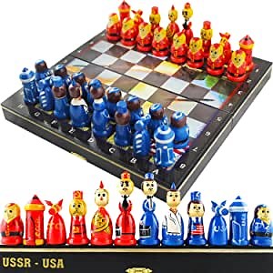 Cold War Souvenir Wooden Chess Set - Hand Carved Chess Pieces Matryoshka Dolls - Family Board Games - Chess Sets for Adults Unique - Couples Games